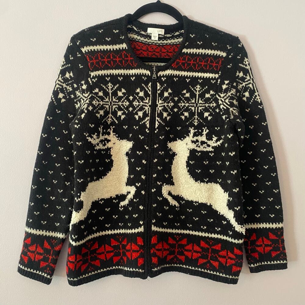 J. Jill Black Red White Holiday Zip-Up Sweater Cardigan Wool Blend Women size XS